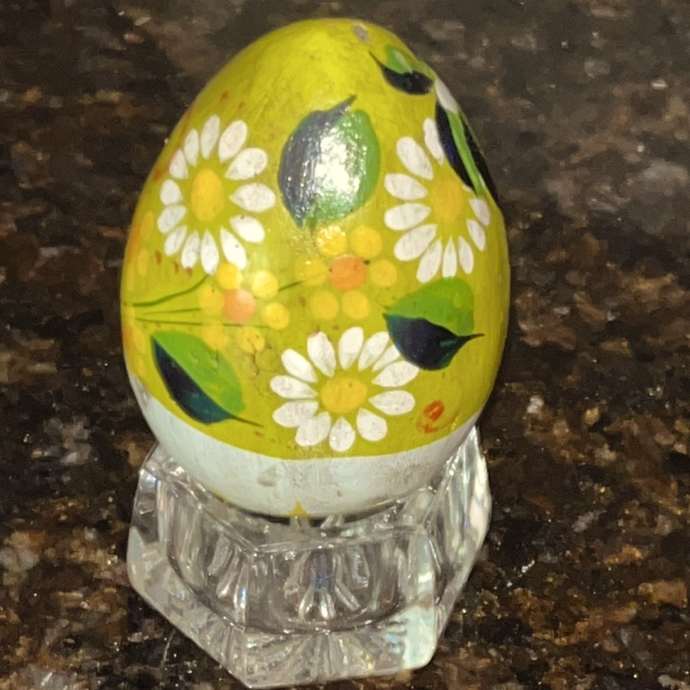 Vintage hand painted wooden collectible egg with stand
